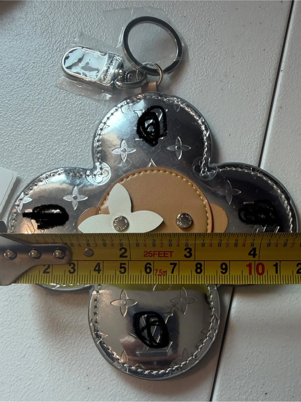 Designer-Inspired Silver & Tan Flower Keychain with White Accent